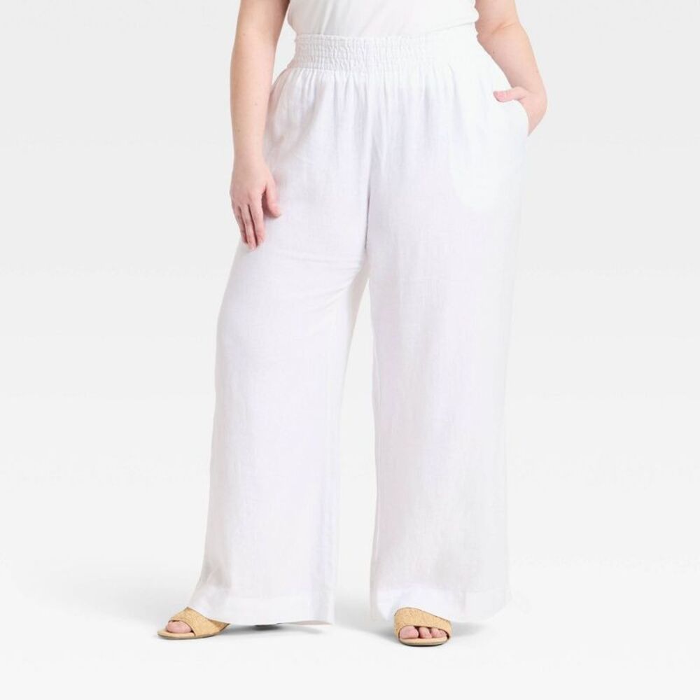 Women's Linen Wide Leg Pull-On Pants - A New Day White 1X